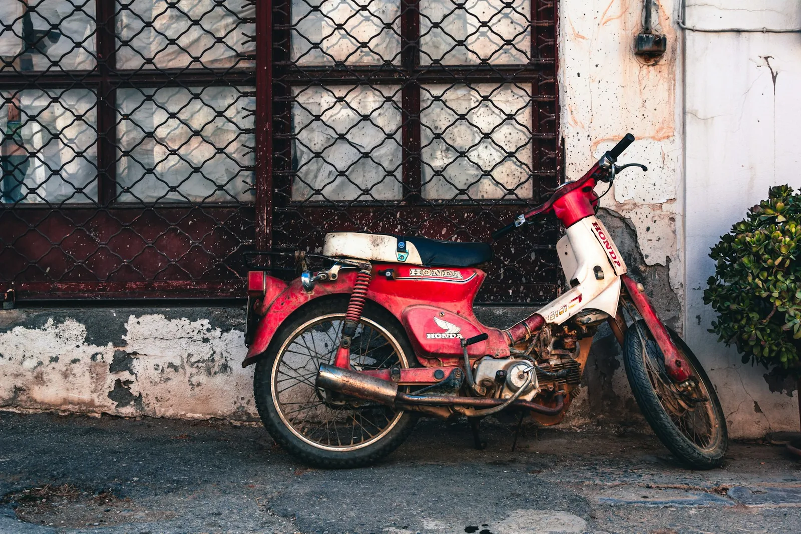 A red-and-white Cub parked against a weathered wall and metal window grille