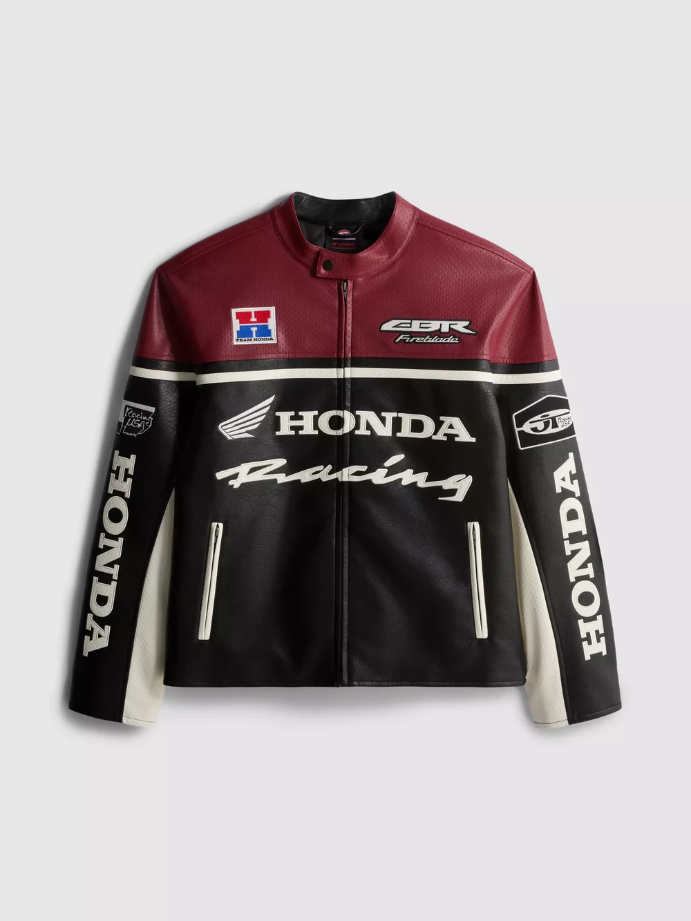 Jb’s Honda racing jacket with a burgundy-red shoulder panel, black leather, ivory stripes and embroidered Honda lettering
